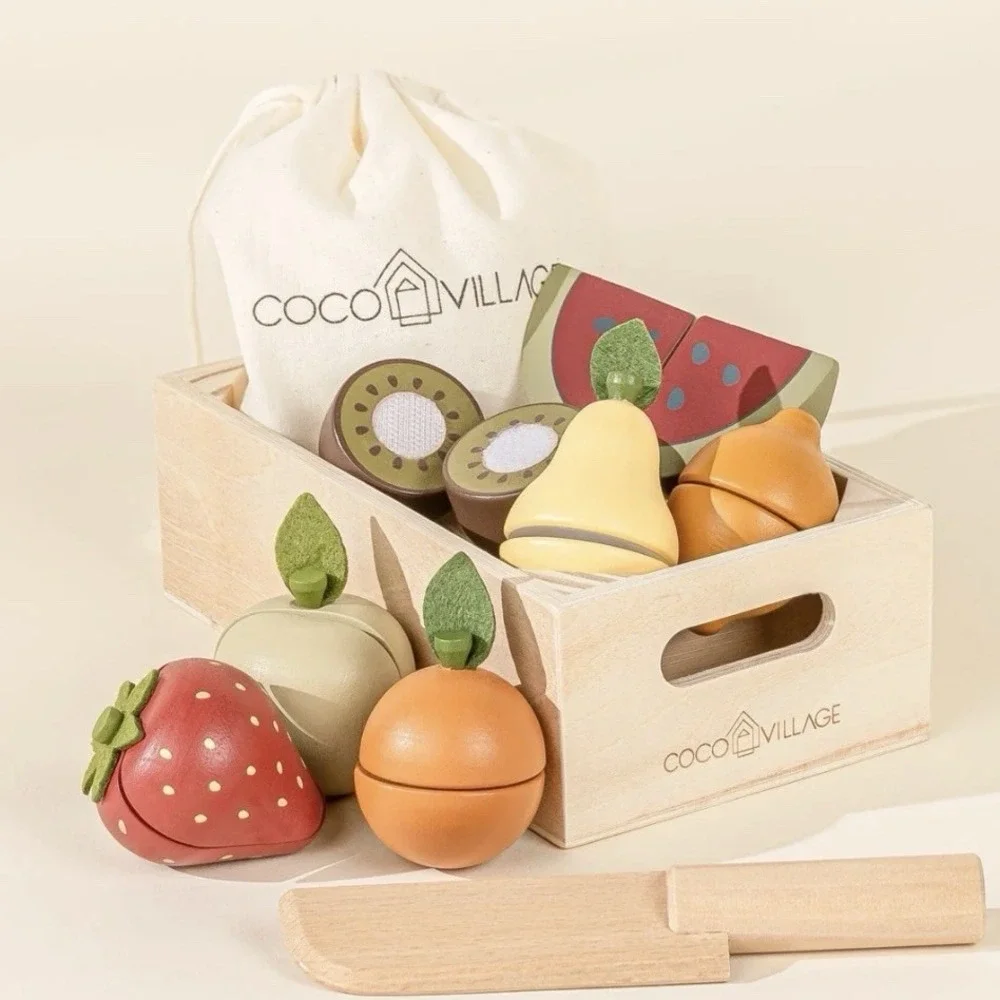 Coco Village Wooden Fruit Set with Crate Wood Toy Pretend Play Kitchen Age 2+ - Picture 1 of 3